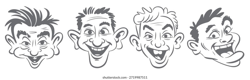 Cuatro siluetas de dibujos animados de escala gris de hombres con
