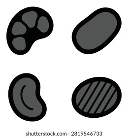 four gray stones or beans or rocks or pebbles on white background, simple shapes