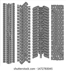 Four gray tire tracks with outline stroke isolated on white background