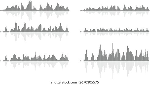 Four grayscale sound wave visualizations, each showing different patterns and amplitudes of audio signals.  They are displayed with reflections.