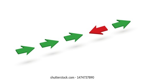 Four green arrows are directed in one direction, the red arrow is directed in the opposite direction.