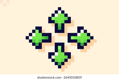 Four green arrows pointers. Game element drawn in pixel art style.