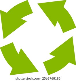 Four green arrows rotating clockwise, representing concepts of circular economy, recycling, and environmental sustainability against a clean white background