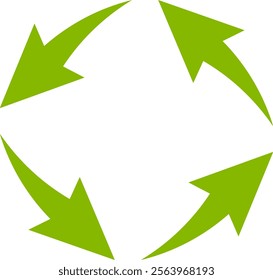 Four green arrows rotating clockwise forming a circle on a white background represent a continuous process, a circular economy, or a recycling concept