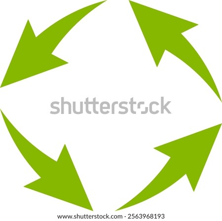 Four green arrows rotating clockwise forming a circle on a white background represent a continuous process, a circular economy, or a recycling concept