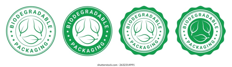 Four green biodegradable packaging badges with eco leaf icon and circular eco-friendly design