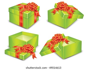 Four green boxes surprise with red tape, wrapper for gift