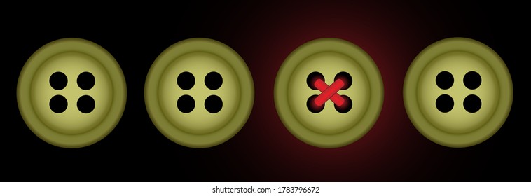 four green buttons on a black background and only one of them is sewn with red threa