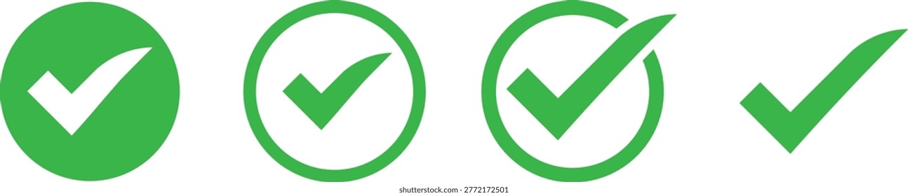 Four green check mark in circles and standalone tick approved