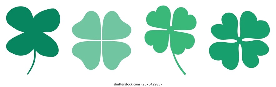 Four green clovers, each with different shades, symbolize luck. The clovers, in varying green hues, represent luck and prosperity. Lucky green clovers. Isolated illustration elements, vector set.