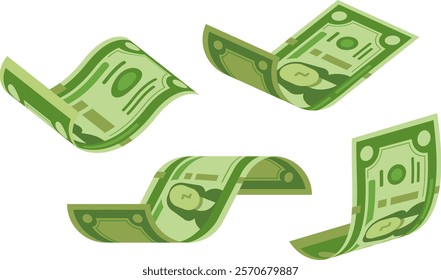 Four green dollar bills are floating and waving in different positions, representing concepts like wealth, investment, and financial success