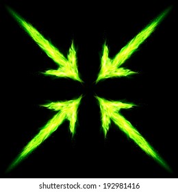 Four green fire arrows directed to the centre. Illustration on black background