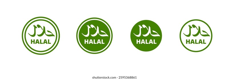 Four green halal symbols with arabic text, indicating food that is permissible in islamic law.