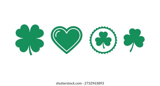 Four green icons including four leaf clover, heart, badge with shamrock and standalone clover representing st. patrick's day festive tradition