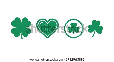 Four green icons including four leaf clover, heart, badge with shamrock and standalone clover representing st. patrick's day festive tradition