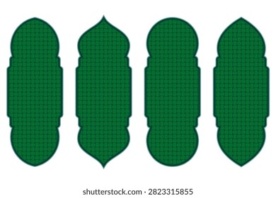 Four green Islamic arch mihrab silhouette shapes filled with woven basket texture in varying pointed and rounded top styles for Ramadan, mosque, and Islamic design use.