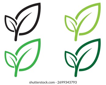 Quatro ícones de folha verde, representando a natureza, o crescimento e a sustentabilidade isolados no fundo branco