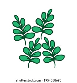 four green leaves on white background. healthy leaves, green outline, hand drawn vector. nature background. doodle art for logo, label, cover, poster, banner, sticker, clipart. cartoon style. 