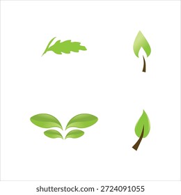 Quatro folhas verdes em vários estilos em um fundo branco, mostrando diferentes formas de folhas e arranjos.