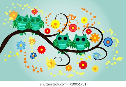 Four green owls, two sleeping, two awake on a fantastic tree branch, decorated with flowers.