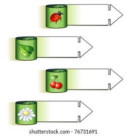 Four green paper arrows with eco symbols