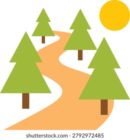 Four green pine trees and a winding path under a yellow sun