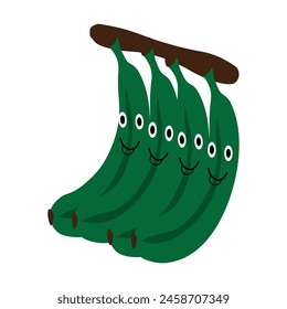 Four green raw happy bananas vector Art.