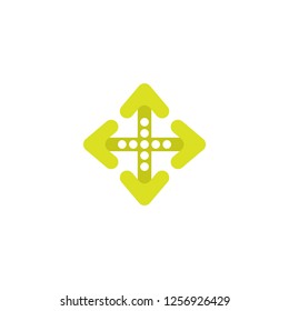 four green stylish arrows with dots point out from the center. Expand Arrows icon. Outward Directions icon. Vector illustration. Isolated on white. 