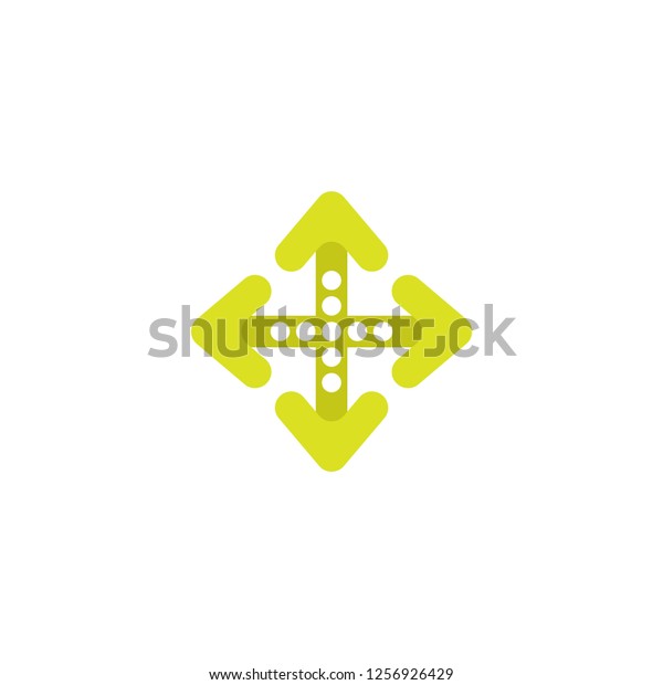 four green stylish arrows with dots point out\
from the center. Expand Arrows icon. Outward Directions icon.\
Vector illustration. Isolated on white.\
