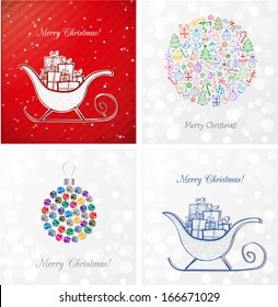 Four greeting Christmas cards. Vector illustration. Xmas cards.