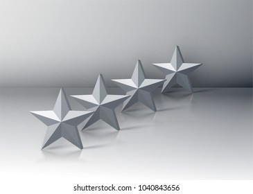 Four grey 3D star rating on grey background, vector illustration