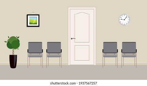 Four grey chairs and wall clock in waiting room. Concept of hiring or receiving in a clinic. Waiting room with plant and clock  on wall. Vector illustration in flat style.