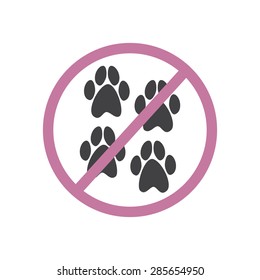 Four grey colored paw prints inside pink colored prohibition sign isolated on white background. Special sign for places where pets are not allowed. Logo template, design element