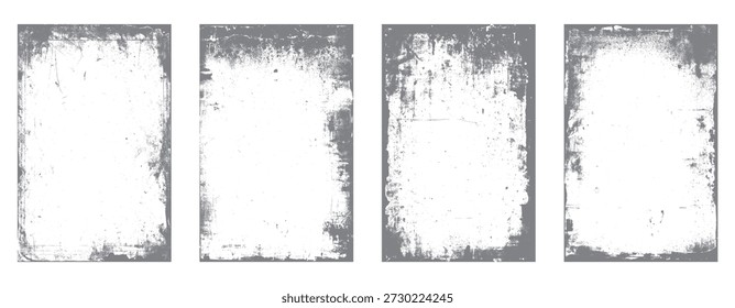 Four grey distressed grunge borders with white backgrounds and textured edges