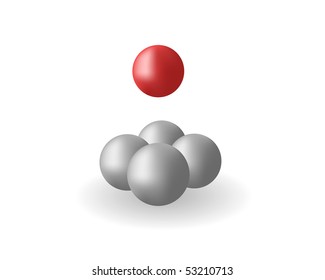 Four grey spheres and one red sphere