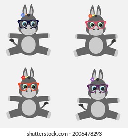 Cuatro burros grises de juguete con vasos de colores diferentes. Ilustración del vector
