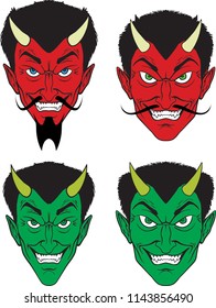 Four grinning Devils, two red and two green