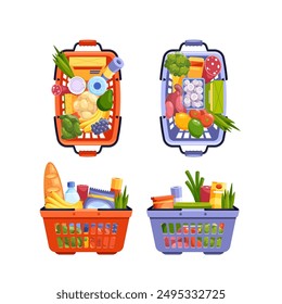 Four Grocery Baskets Filled With Fresh Produce And Packaged Food Items Top And Front View, Vector Image