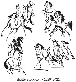 Four groups of horses Vector illustrations based on brush-drawn studies of galloping horses.