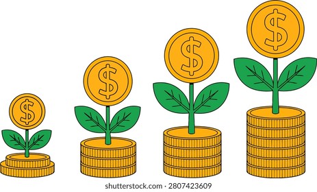 Four growing stacks of gold coins with green leaves and dollar signs on white money growth
