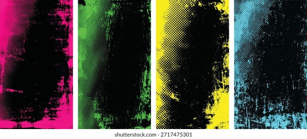 Cuatro fondos grunge con puntos de semitono y texturas angustiadas Vector