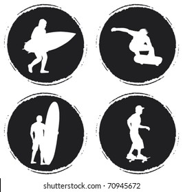 four grunge circle with skater and surfer