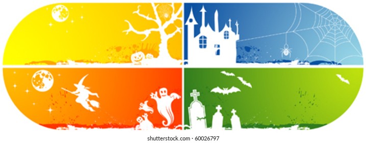 Four grunge Halloween frame with bat, pumpkin, witch, ghost, element for design, vector illustration