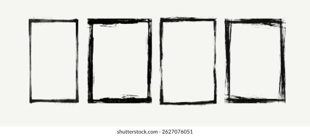 Four grunge-style rectangular frames depicted in black on a light background. The textured design emphasizes artistic simplicity and serves as versatile abstract visual elements