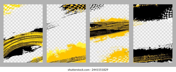 Cuatro marcos de fondo grungy con pistas de neumáticos abstractos y banderas de ajedrez para su diseño de coche de rally, lugar para su fondo de la foto - ilustración vectorial