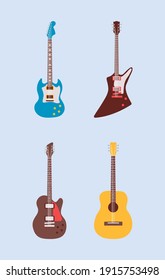 cuatro instrumentos guitarras musicale set iconos vectorial ilustración diseño