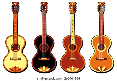 Four guitars isolated on a white background