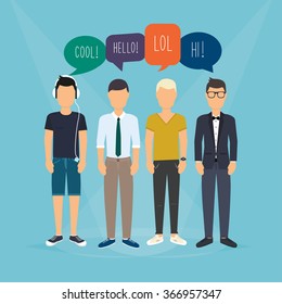 Four guys communicate. Speech Bubbles with Social Media Words. Vector illustration of a communication concept, relating to feedback, reviews and discussion.