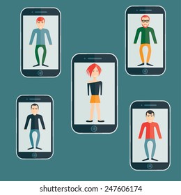 four guys and girl flat design smartphone application