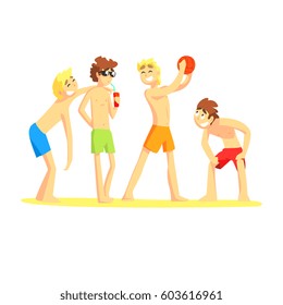 Four Guys Playing Having Fun, Part Of Friends In Summer On The Beach Series Of Vector Illustrations